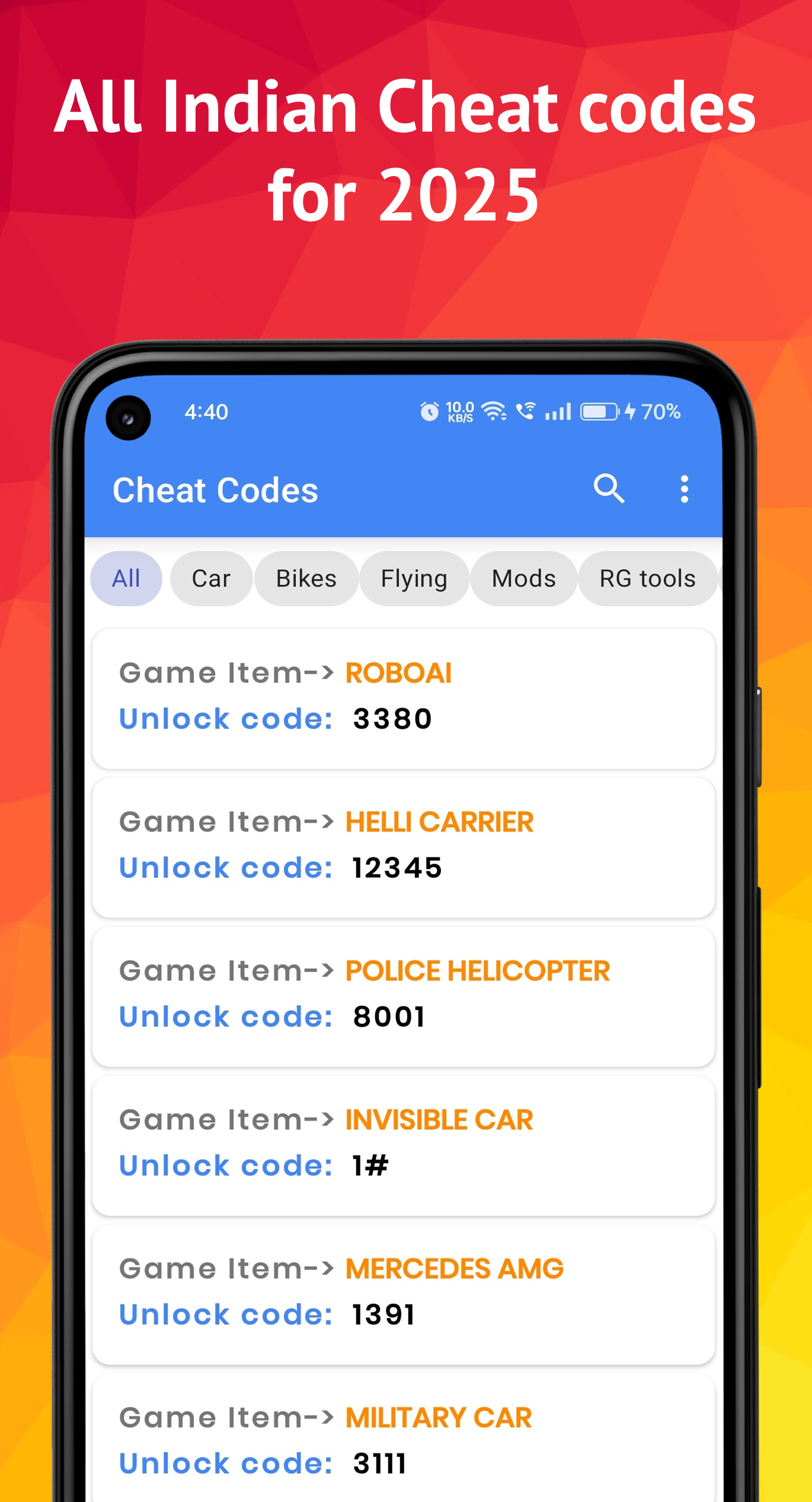 اسکرین شات 1 برنامه All Cheat Codes: Bikes & Cars