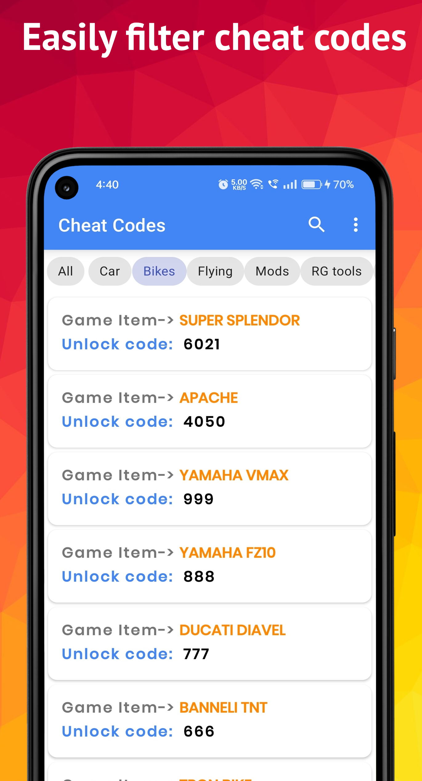 اسکرین شات 3 برنامه All Cheat Codes: Bikes & Cars