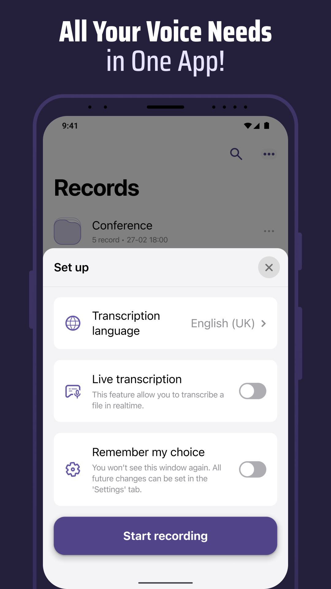 اسکرین شات 1 برنامه Voice & Transcribe - QuickVox