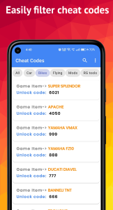 اسکرین شات 3 برنامه All Cheat Codes: Bikes & Cars