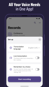 اسکرین شات 1 برنامه Voice & Transcribe - QuickVox