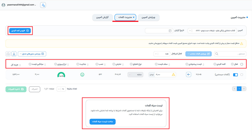 مدیریت کلمات کلیدی