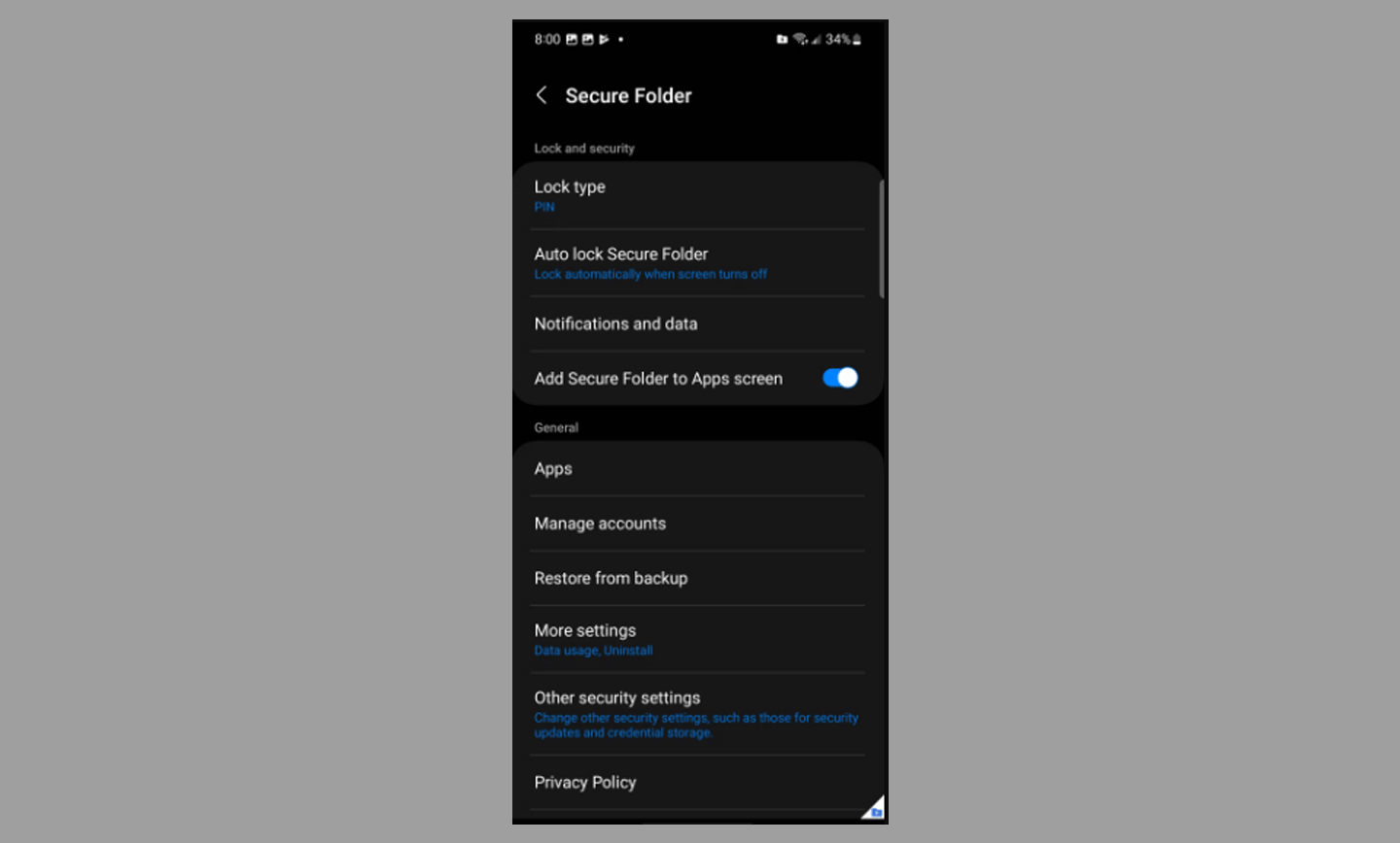فعال سازی گزینه Add Secure Folder to Apps screen